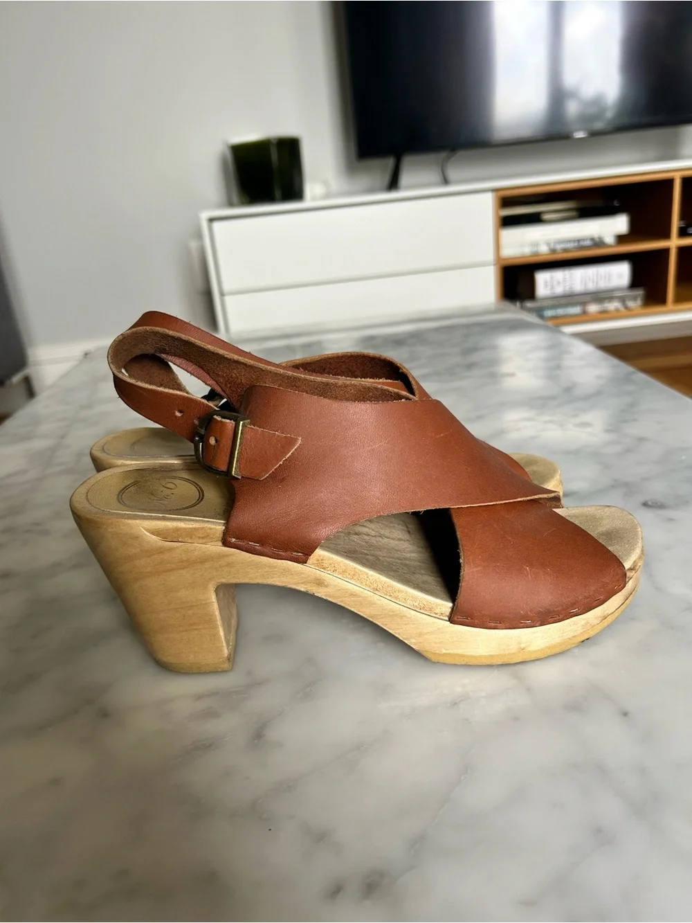 No. 6 Brown Leather Slingback Clog Sandals